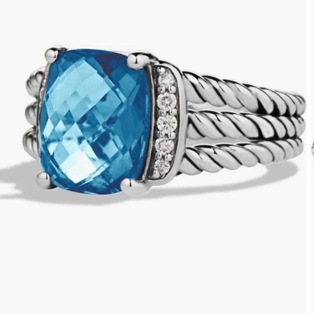 David Yurman Ring Wheaton Sterling Silver Hampton Blue Topaz with Diamonds sz 6